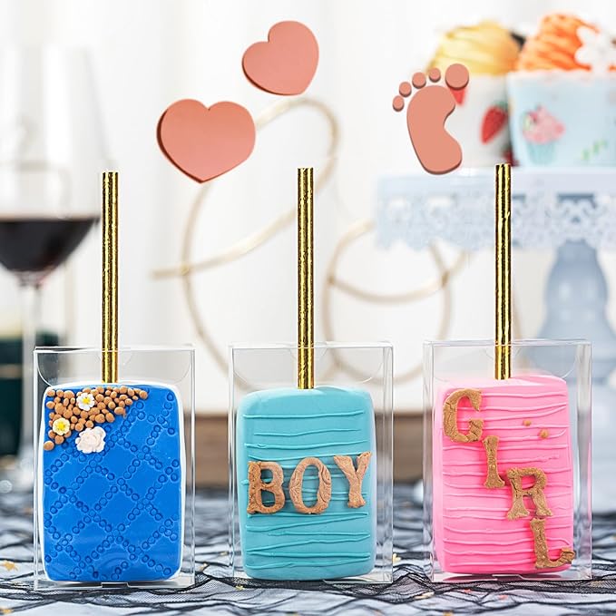 RomanticBaking 100 Pack 3.5"x 2.4"x 1.38" Clear Rice Krispie Treat Boxes with Hole for Cakesickle,Small Macaron,Candy,Treat Boxes Graduation Bab Show Party Favors Box