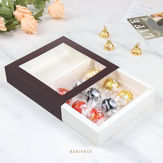 BAKIPACK 12 Truffle Boxes, Chocolates Box, Dark Brown Truffle Gift Packaging with 9-Piece Plastics Tray