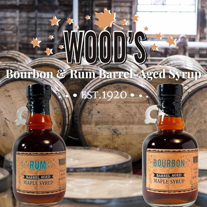 WOOD'S Vermont Bourbon Barrel Aged Maple Syrup – Premium Maple Syrup with Rich Flavor & Subtle Bourbon Notes – Ideal for Pancakes, Desserts, and Cocktails – 8.45 oz