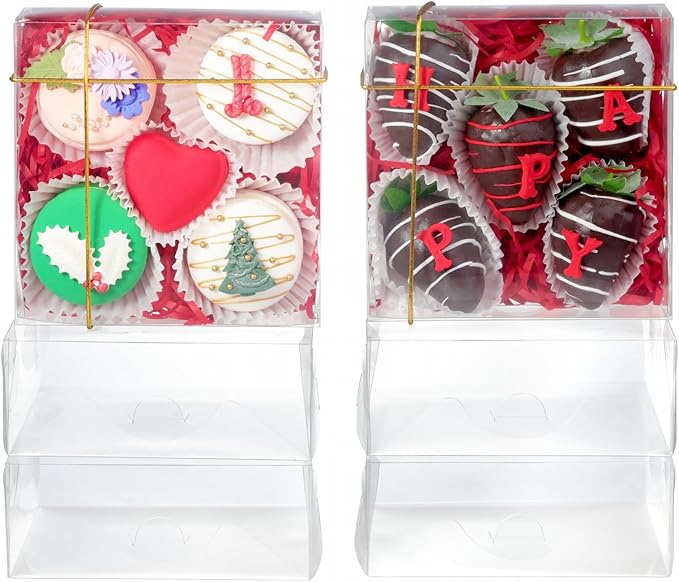 RomanticBaking 25PCS 5x5x2 Inches Full Clear Cookies & Cake Boxes - Strawberries, Chocolate, Cinnamon Roll & Mini Cake Boxes