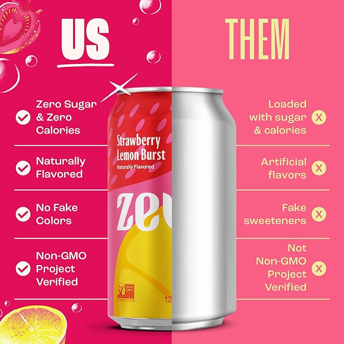 Zevia Zero Sugar Soda, Strawberry Lemon Burst, 12 oz Cans (24-Pack) – Naturally Sweetened, Zero Calorie Sugar Free Soda - Non-GMO Project Verified, Gluten-Free, Vegan