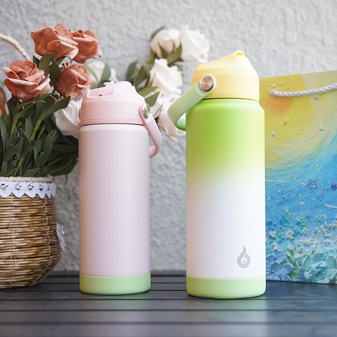 BJPKPK Insulated Water Bottle with Straw Lid, 12oz Thermos Water Bottles with Soft Nozzle, Flex Handle & Non-slip Boot, BPA Free Leak Proof Stainless Steel Metal Thermos, Tumblers, Cups,Rainbow