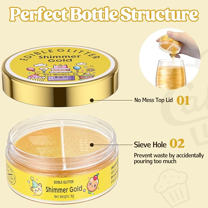 Nomeca Edible Glitter for Drinks Cakes, 8 grams Food Grade Luster Dust Sprinkles Glitter for Cake Decorations, DIY Cocktails, Beverages & Cake Decorating, Dessert Cake Topper (7-Shimmer Gold)