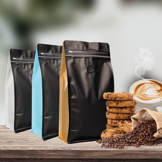 Coffee Bags with Valve (60 PCS,16oz/1lb) Black Side Color High Barrier Aluminum Foil Flat Bottom Standing Coffee Beans Storage Packaging Bags, Reusable Heat Seal Side Zipper Pouches for Small Busines