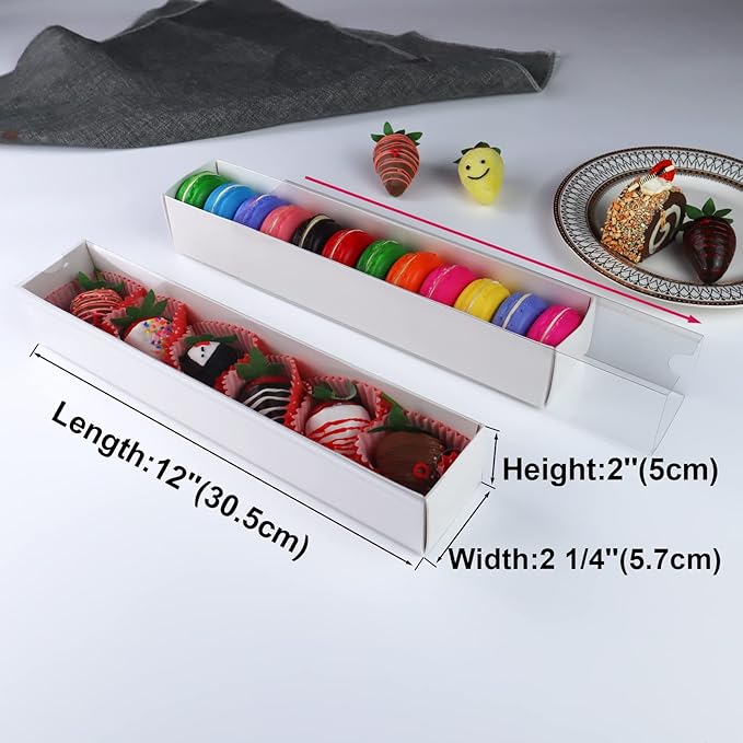 50 Pack 12x2.2x2 Inch Chocolate Covered Strawberry Boxes with Clear Window Packing for Macaron, Truffle, Cookie & Bakery Boxes