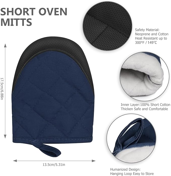 1 Pair Short Oven Mitts - Silicone Kitchen Oven Gloves High Heat Resistant 500℉, Mini Oven Mits with Non-Slip Grip Surfaces and Hanging Loop for BBQ, Baking, Cooking and Grilling (Dark Blue)
