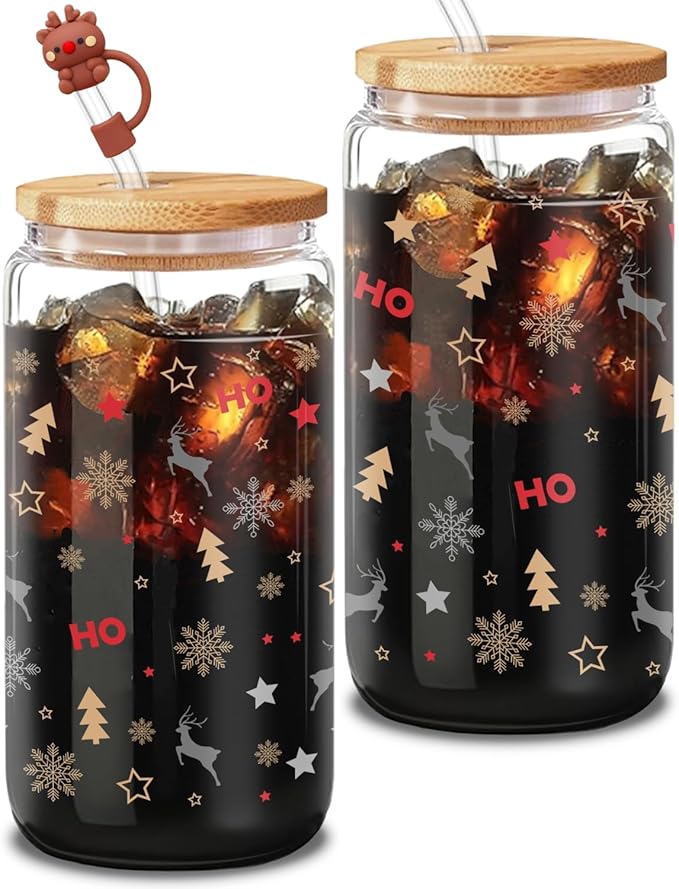 Christmas Reindeer Glass, 16 Oz Winter Iced Coffee Glass with Straw and Lid, Reindeer Themed Perfect for Christmas and Holiday Celebration Decorations (One)