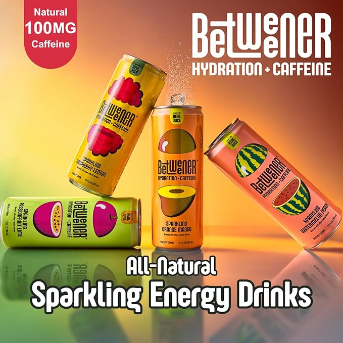 Betweener Sparkling Energy Seltzer, Sparkling Water w/Real Juice & 100mg Caffeine, Light & Refreshing, L-Theanine for Focus, Vitamins B+C - Low Sugar - 45 Cals - Variety Pack (12 Pack)