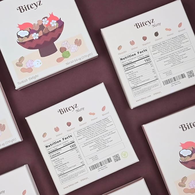 Biteyz Nutty Turkish Delight, Vegan Candy Gift Box - Assorted Gourmet Treats with Pistachios, Walnuts, Hazelnuts, Almonds, Peanuts, and Coconut, 36 Pieces of Luxury Handmade Snacks