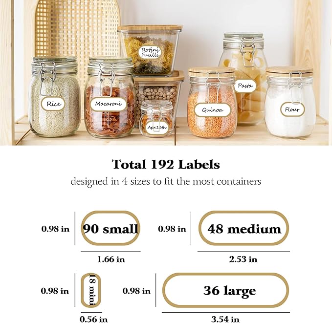 192pcs Removable Bottle Labels Waterproof Self-Adhesive Kitchen Home Edit Food Label Stickers with Gold Border for Food Containers Mason Jars Storage Bins Daycare Organization,with Marker Pen