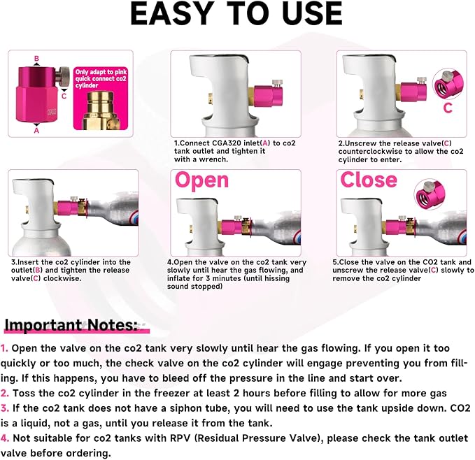Quick Connect CO2 Refill Adapter for Soda Maker Pink CO2 Cylinder, CGA320 CO2 Tank Connector Kit for Filling 60L CO2 Canister Compatible with DUO ART TERRA GAIA Machines
