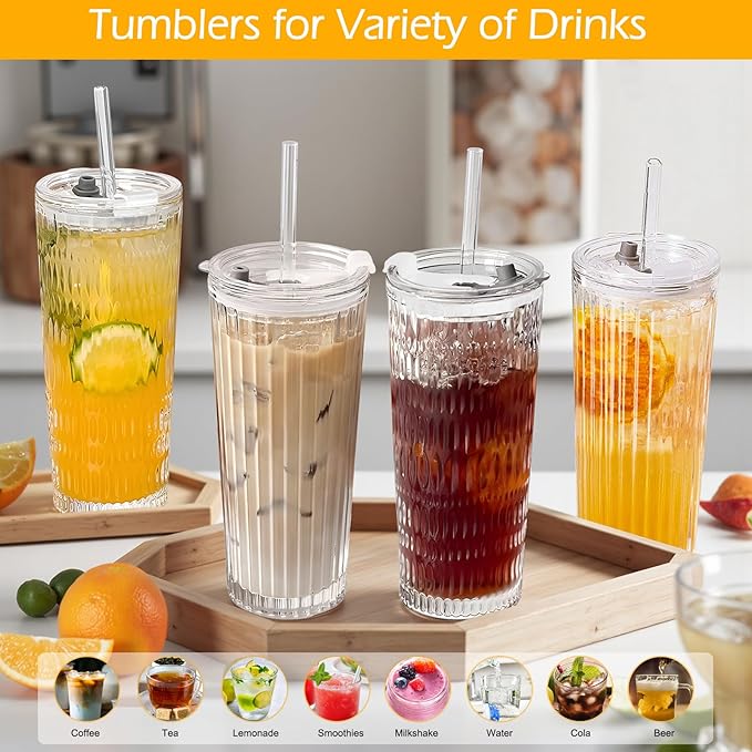 2 Pack Glass Tumblers with Lids and Straws 18oz: Leak-Proof Drinking Glasses with Airtight Lid, Stylish Water Ripple Design, Reusable Glass Iced Coffee Cups for Cold Drinks, Car Holder Fit