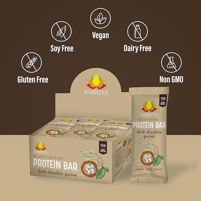 Amrita Nut Free Dark Chocolate Quinoa Vegan Protein Bars (12 CT PK of 3) | 12g Plant-Based Protein Bar | Peanut Free, Gluten Free, and Dairy Free | Low Sugar, High Fiber, Healthy School-Safe Snacks
