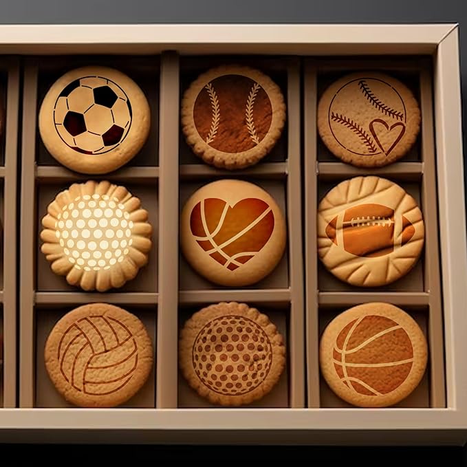 Small Sports Ball Stencil for Cakes Cupcake Cookie Decorating Stencils Reusable Football Basketball Baseball Golf Soccer Stencil on Baking Coffee Decorating Card Making (25 Sport Cookie)