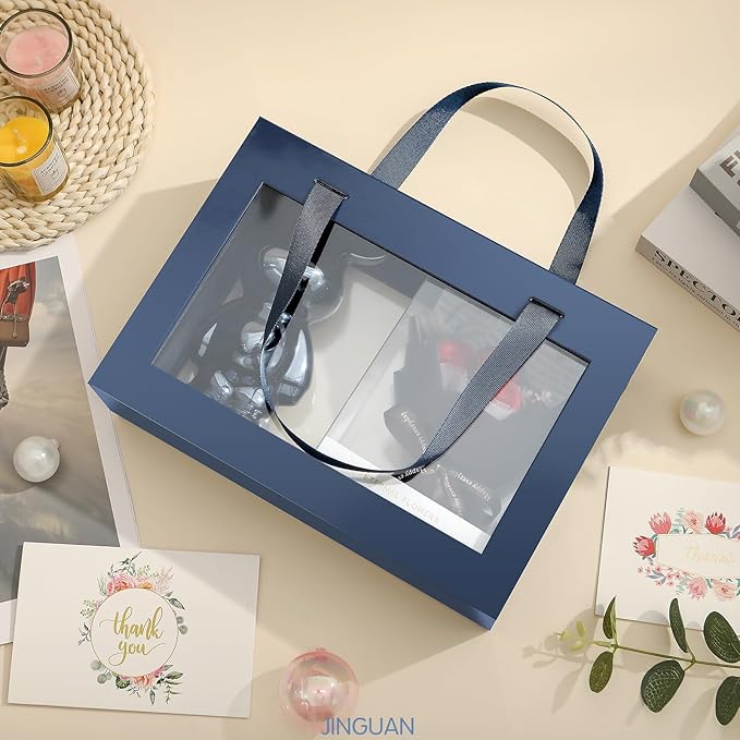 JINGUAN 5 Navy Blue Gift Boxes with Windows, Clear Magnetic Gift Boxes for Presents, Groomsman Proposal Boxes (11x8x3.2 Inches)