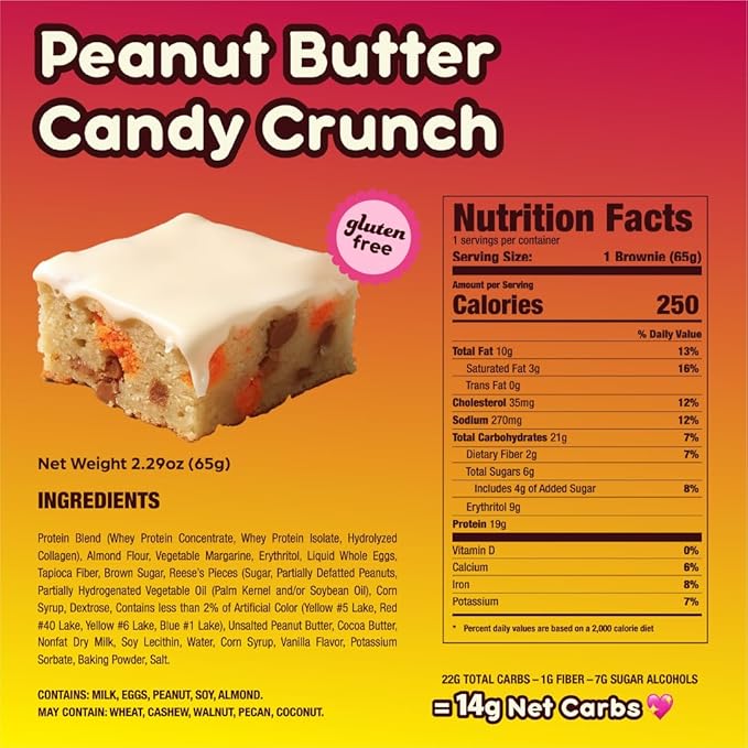 Prime Bites Protein Brownie from Alpha Prime Supplements | High Protein, Collagen Fortified Low Sugar Treat | Delicious Snack | 12 Bars per Box (Peanut Butter Candy Crunch)