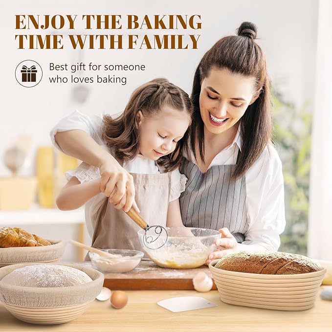 Rorecay Banneton Bread Proofing Baskets Set of 2, 10 Inch Oval Cane Sourdough Bread Rising Basket Bowls with Sourdough Bread Lame Dough Scraper Basting Brush for Sour Dough Proofing Fermentation