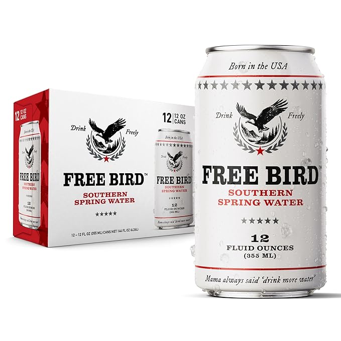Free Bird Southern Still Spring Water - 12 Pack, 12oz Cans, Zero Calories, Crisp & Clean Pure Georgia Blue Ridge Mountain Water, Naturally Sourced, Shelf-Stable