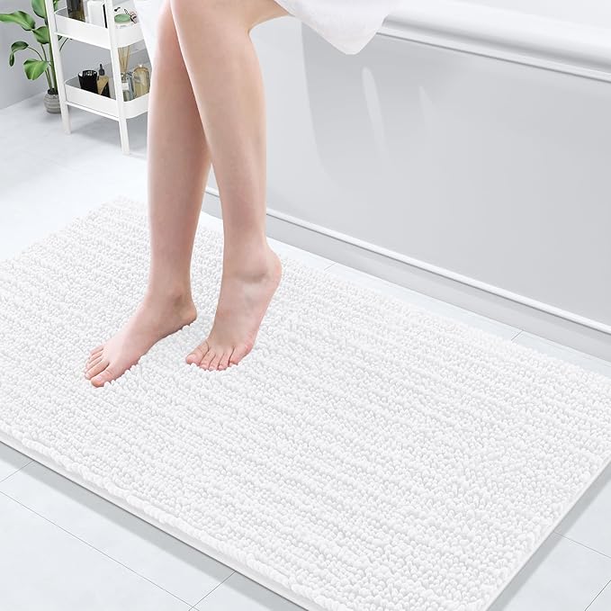 Arotive Luxury Chenille Bathroom Rug Mat, Extra Soft Thick Absorbent Shaggy Bath Rugs, Non-Slip Machine Wash Dry, Plush Bath Mats for Bathroom, Shower and Tub, 54x24, White