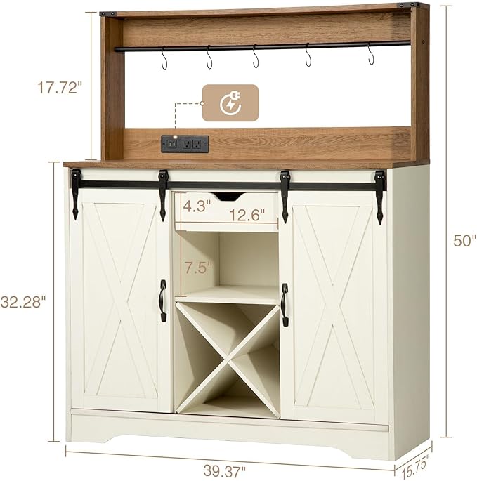 Wnutrees Farmhouse Coffee Bar Cabinet with Charging Station and USB Ports, Sliding Barn Door, 43" Kitchen Hutch Sideboard Buffet Storage Cabinet, Fits Kitchen Dining Living Room, White