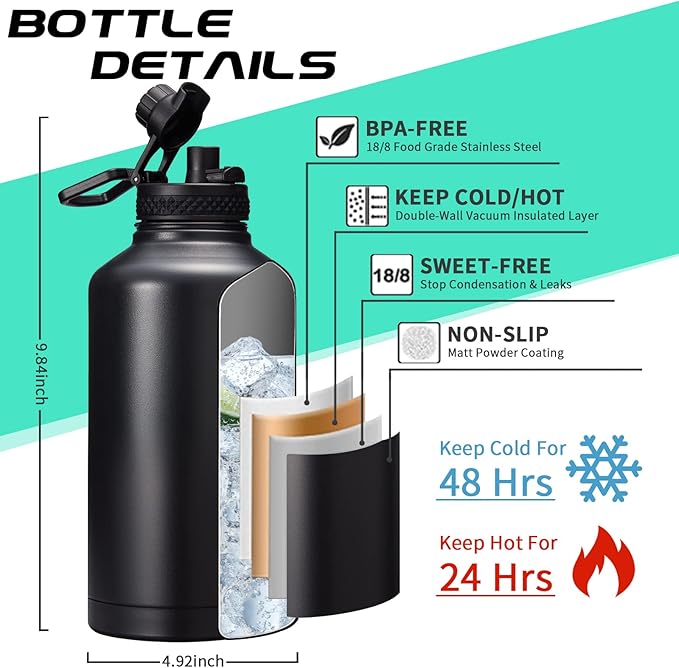 Insulated Water Bottle 64oz - w/Paracord Handle, Straw & Spout Lids, Carrier Bag, Half Gallon Sport Stainless Steel Water Flask Jug, Thermo Mug Double-wall Vacuum Water Bottle