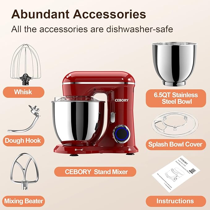 3-IN-1 Electric Stand Mixer, 6.5QT Bowl 660W 10-Speed Kitchen Mixer, Household Food Mixers include Dough Hook, Beater and Whisk, Bread Cake Mixer for Baking and Most Home Cooks, Red
