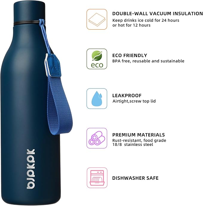 BJPKPK Insulated Water Bottles, 25 oz Stainless Steel Metal Water Bottle with Strap, BPA Free Leak Proof Thermos, Mugs, Flasks, Reusable Water Bottle for Sports & Travel, Navy Blue