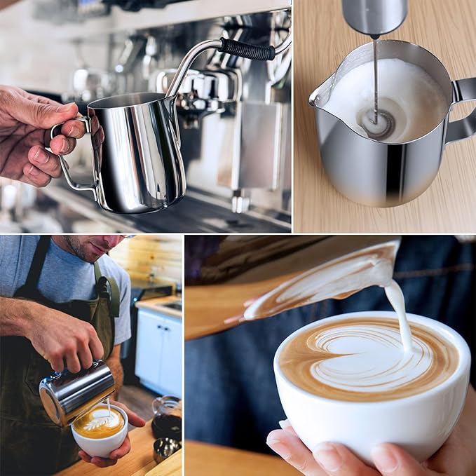 Adorever Milk Frothing Pitcher, 16oz 480ml Milk Frother Cup Stainless Steel Steaming Pitcher, Coffee Bar Cappuccino Espresso Machine Accessories Barista Tools, Steamer Cup Milk Jug with Latte Art Pen