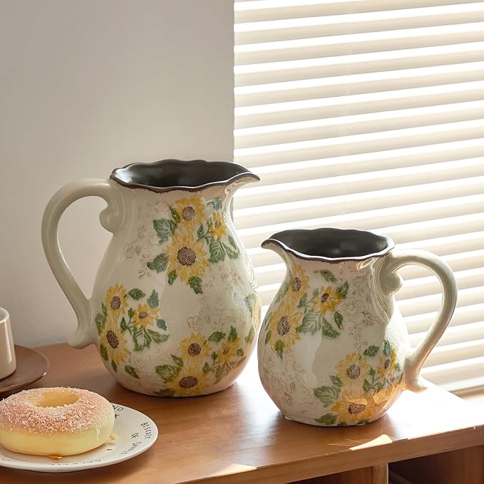 Vintage Vase with Handle, 6 Inch Ceramic Pitcher Sunflower Floral Vase, Rustic Farmhouse Vases for Grandma Core Home Decor, Bookshelf Office Tuscan Decor (Small Teapot)