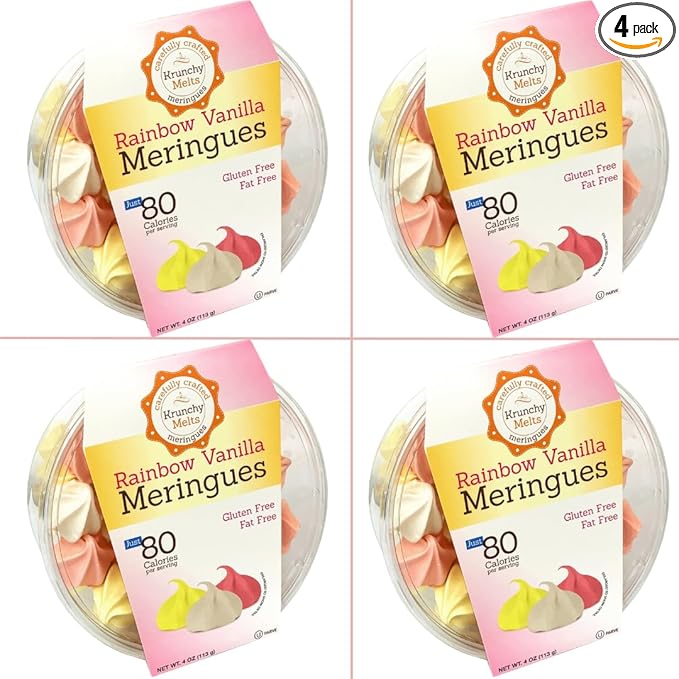 4 Pack Krunchy Melts Original Meringue Cookies | Rainbow Vanilla Flavor 4-Pack | Only 80 Calories Per Serving | Fat Free, Gluten Free, Dairy Free (4 Oz)
