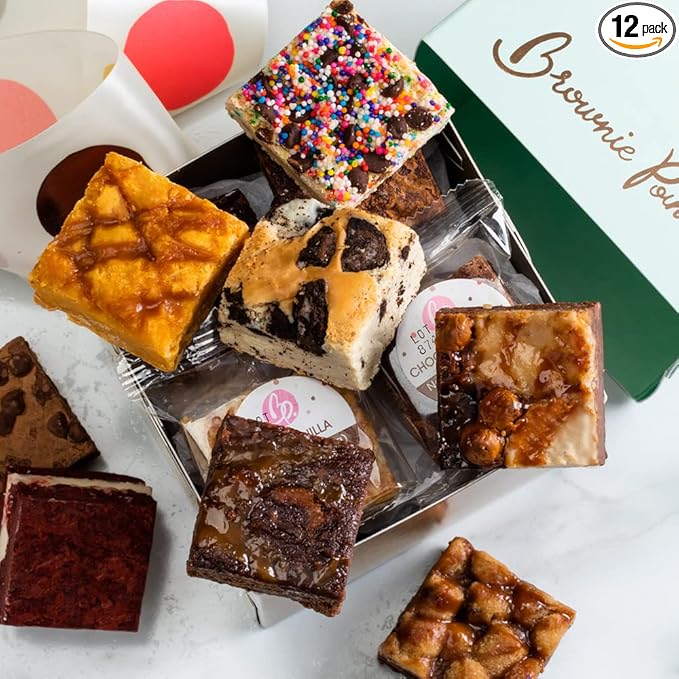 Brownie Points 12 Baby Brownies Gift Box. Fudge Chocolate Brownies Gourmet gift for him, her, and friends. (Gift box and Bow with 12 Brownies - BP_BABY12)