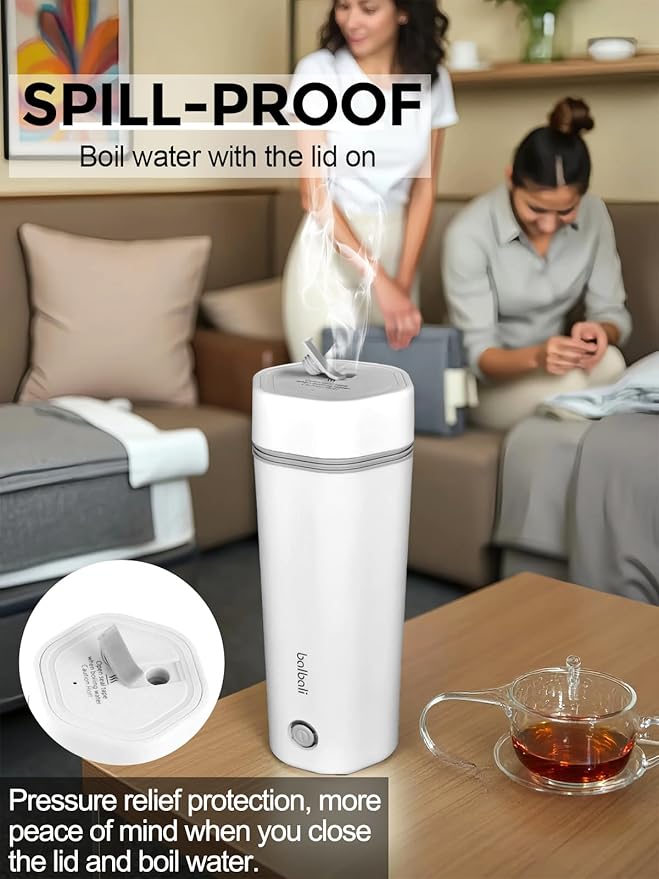balbali Travel Kettle - 12oz Portable Electric Kettle for Boiling Water - Self Heating Cup/Thermos - Single Size Personal Tea Maker -Hot Water Boiler/Heater/Warmer - White