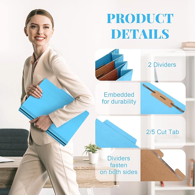 36 Pcs Classification Folders Letter Size, 2 Divider Pressboard File Folders with 3. 5 Inch Expansion, 2 Prongs Fastener, Heavy Duty Office File Organizers for Teachers, Medical (Blue)