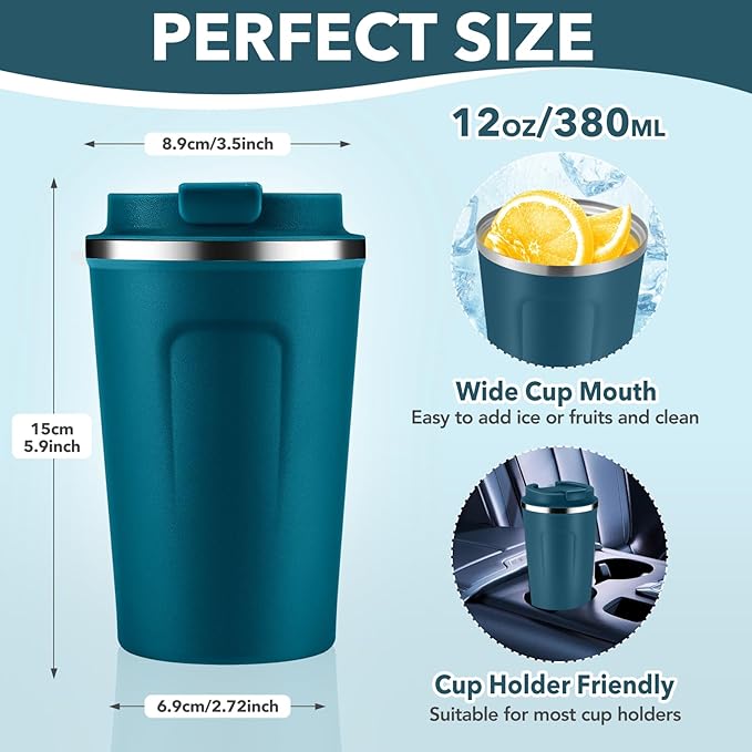 Volhoply 12 oz Double Wall Insulated Vacuum Travel Coffee Mug with Flip Lid Bulk 8 Pack,Reusable Stainless Steel Leak Proof Coffee Cup,Portable Cafe Thermal Tumblers for Hot & Cold Drinks(Bule,8 Set)