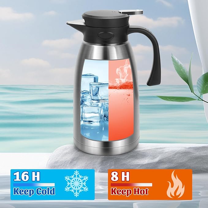 70oz Thermal Coffee Carafe, Double Wall Vacuum Thermos for Hot Drinks, Stainless Steel Carafe for Hot Liquids Large Tea Thermos for Home School Office for Valentine's Day (Classic Silver)
