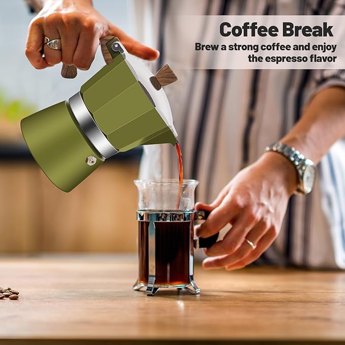 6 Cup Aluminum Moka Pot Classic Stovetop Espresso Coffee Maker 300ml 10oz Coffeemaker Percolator Mocha Pot Greca Coffee Maker Cafe Makers for Italian and Cuban Café Brewing Green