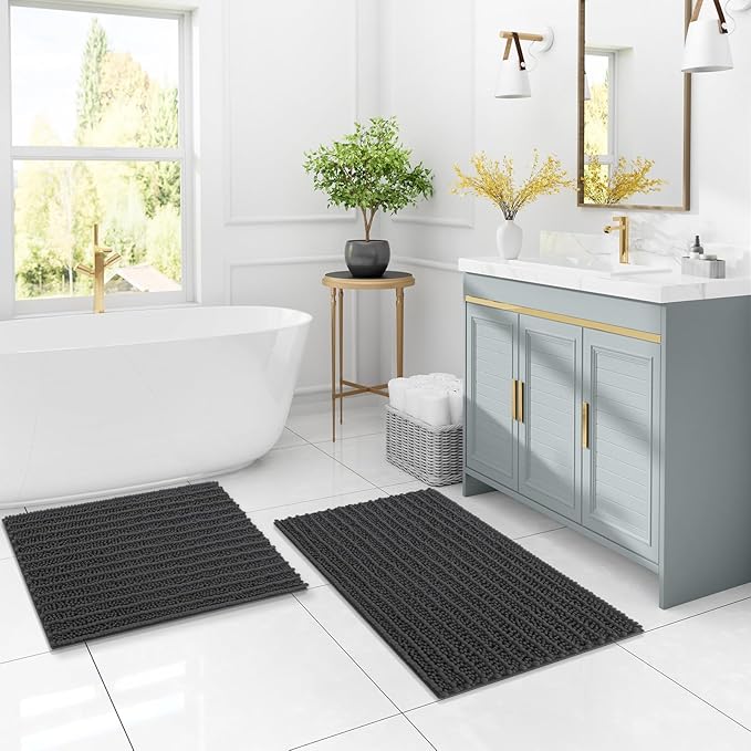 Arotive Luxury Chenille Bathroom Rug Mat, Extra Soft Thick Absorbent Shaggy Bath Rugs, Non-Slip Machine Wash Dry, Plush Bath Mats for Bathroom, Shower and Tub, 30x20, Dark Grey