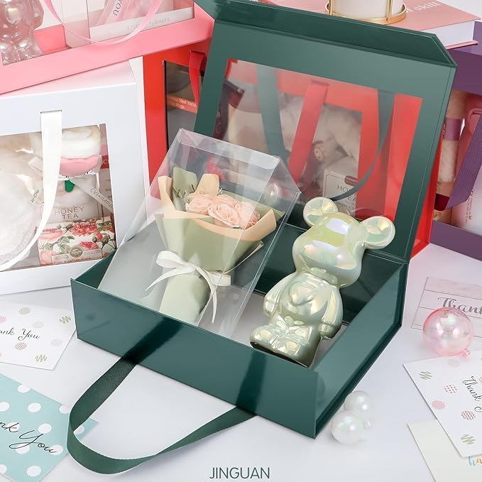 Green Gift Box with Window, Gift Box with Lid and Handle, Clear Magnetic Gift Box for Present, Bridesmaid Proposal Box (10.5x7.5x3 Inches