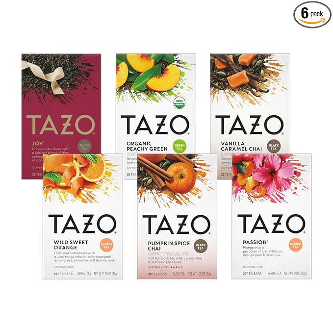 TAZO Tea Bags, (JOY, Passion, Pumpkin Chai, Vanilla Caramel Chai, Wild Sweet Orange, Peachy Green) (1ea) (Variety Pack)