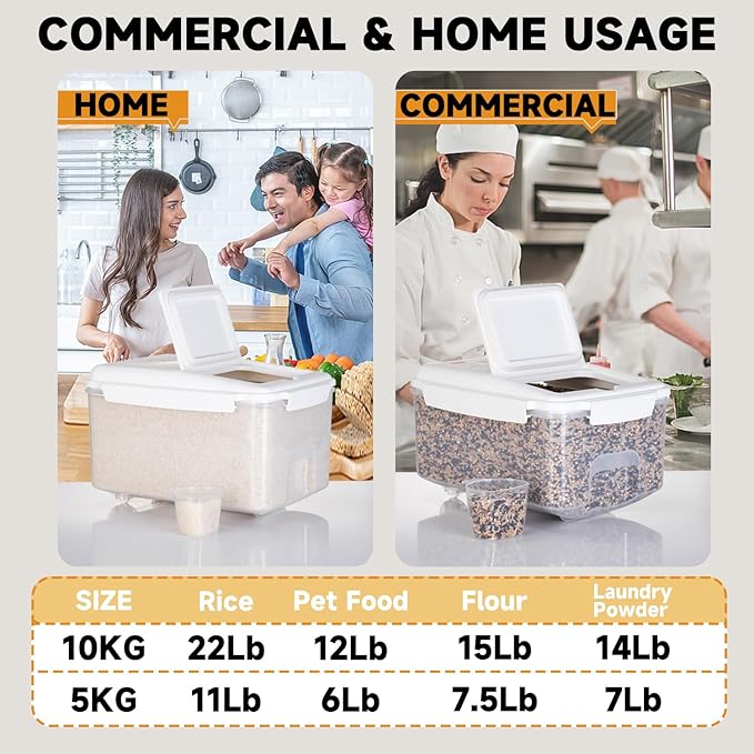 10 lbs Cereal Containers Storage - Airtight Flour Storage Container with Lids & 10 lbs Rice Dispenser, BPA Free Pantry Containers for Sugar and Cereal, White