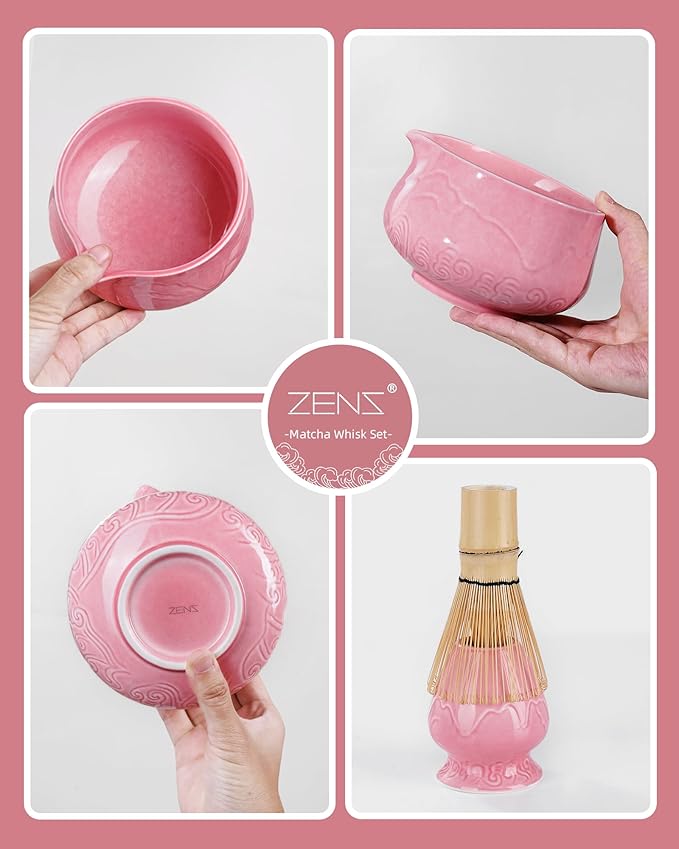 ZENS Pink Matcha Set, Matcha Whisk Set Includes 15oz Ceramic Bowl and Matcha Cup for Bamboo Whisk, (Chasen Holder), Scoop, Sifter and Tea Towel, 7pcs Matcha Kit for Matcha Lovers