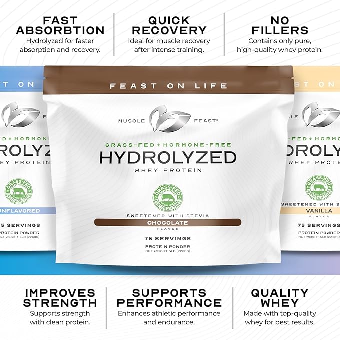 Muscle Feast Hydrolyzed Whey Protein Powder, Grass Fed and All Natural Hormone-Free, Hydro Whey Powder for Men and Women, Gluten Free, Non-GMO, Delicious Hydrolyzed Protein Powder, Chocolate, 2lb