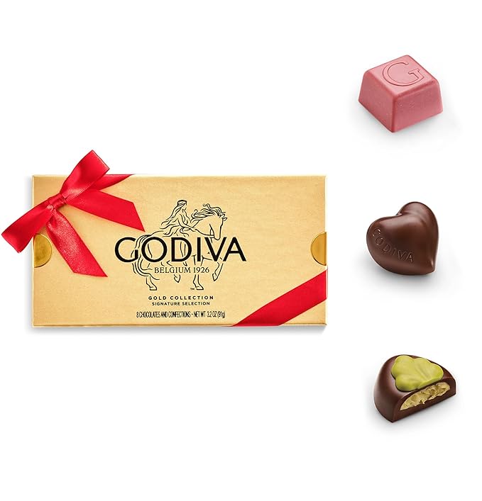 Godiva Red Bow Gold Assorted Chocolate Gift Box, Belgian Dark and Milk Chocolates with Pralinés, Ganaches & Caramels, Gourmet Holiday Gift, Non-GMO & Kosher, 8 Pc