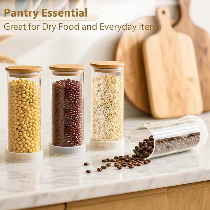 34oz Round Glass Storage Containers with Bamboo Lids – 6 Pack Clear Food Airtight Glass Jars for Pantry Organizers and Storage, Kitchen Dry Food, Flour, Cereal, Coffee Beans & Staples