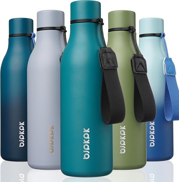 BJPKPK Insulated Water Bottles, 18 oz Stainless Steel Metal Water Bottle with Strap, BPA Free Leak Proof Thermos, Mugs, Flasks, Reusable Thermos for Sports & Travel, Lake Blue