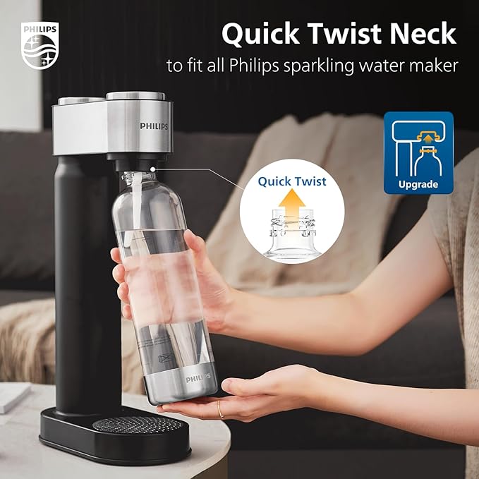 PHILIPS Carbonating Bottles ADD910WHOQ/37, 1L Twin Pack Reusable PET Water Bottles Compatible Sparkling Water Maker, 2 Pack for ADD4902BKOQ/37, ADD4902WHOQ/37 and ADD4901GROQ/37, ADD4901BKOQ/37