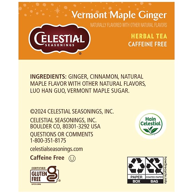 Celestial Seasonings Herbal Tea, Vermont Maple Ginger, Caffeine Free, 20 Count (Pack of 6)