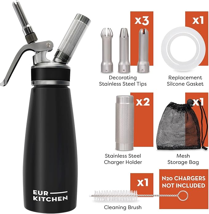 EurKitchen Stainless Steel Professional Whipped Cream Dispenser - Leak-Free Whip Cream Maker Canister - 3 Decorating Nozzles & Cleaning Brush - 1Pint /500 ML Cream Whipper - N2O Charger (Not Included)