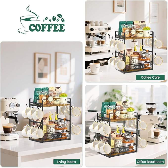 EsLuker.ly Coffee Bar Station Organizer Mug Cup Holder Stand for Countertop, Multi-Functional 2 Tier Mug Tree Rack for Kitchen, Storage Shelf with 12 Removable Hooks, Coffee Nook Enhancer