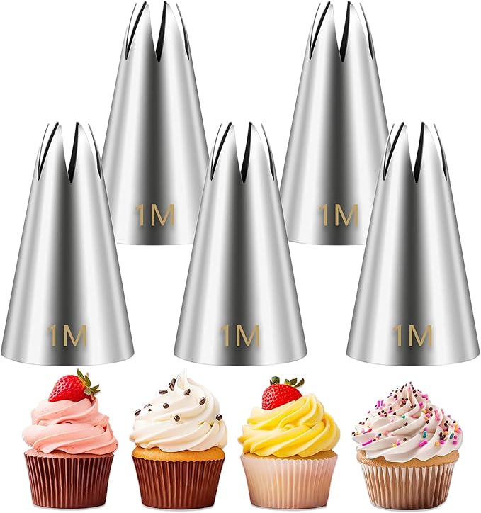 Suuker 1M Piping Tips, Stainless Steel Large Star Piping Tips Set, Cupcake Pastry Tips for Cookie and Cake Decorating, DIY Cream, 5 Pieces